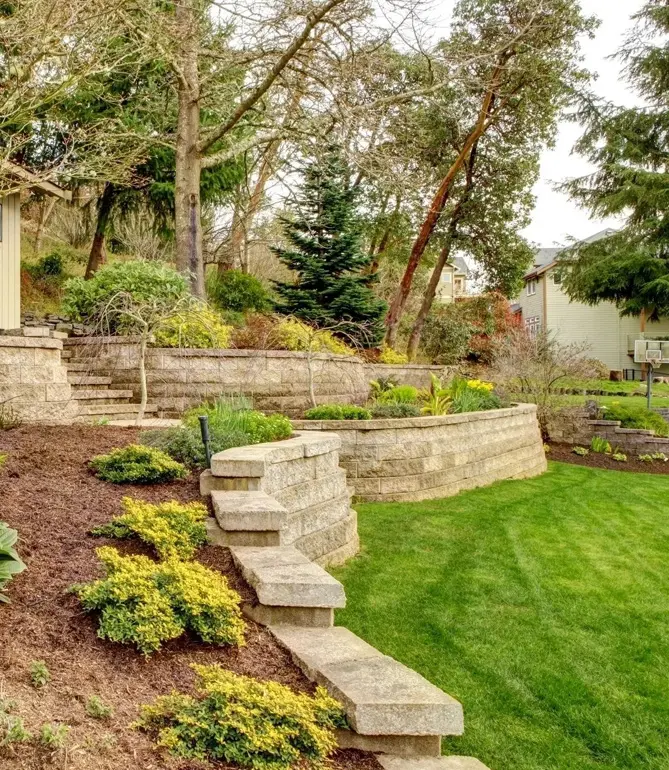 A garden with steps and a lawn in the middle of it